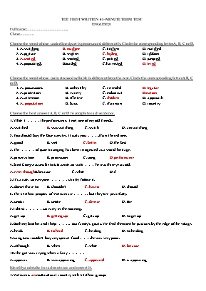 The first written 45-minute term test English 8 (Có đáp án)